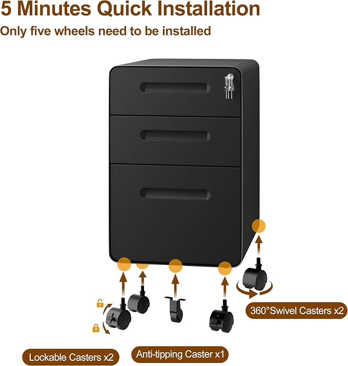 3 Drawers File Cabinet, Mobile Filing Cabinet with Lock, with 25 File Folders, Steel, Fully Assembled Except Casters, for Home Office, Black