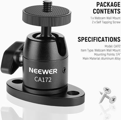 NEEWER Webcam Wall Ceiling Mount Bracket, Aluminum Alloy Mini Ball Head & 1/4" Screw for Photo Studio Photography Video Recording Action Camera Accessories, 360° Rotation & 90° Tilt, CA172