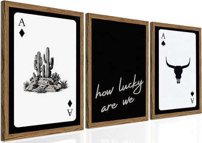 Western Wall Art Set of 3, Southwestern Cowboy Playing Card Wall Decor, Longhorn Bull Skull and How Lucky are We Poster Canvas Painting Prints for Bedroom Living Room 16x24 inch Wood Framed