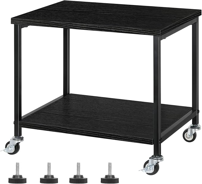 CADUKE Black Printer Stand, Under Desk Printer Table with Wheels, Mobile Printer Shelf 2 Tier Rolling Printer Cart for Home Desktop Organizer Shelf for Printer Fax Scanner Stand Rack Wood
