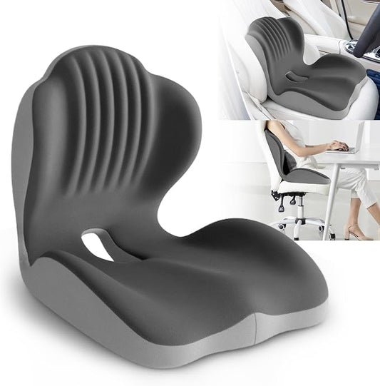 Ergonomic Waist Support and Seat Cushion, 2-in-1 Memory Foam Pad, Hollow Design for Coccyx, Suitable for Office Chairs, Car Safety Seats and Household Use - Relieves Lower Back and Hip Pain (Grey)