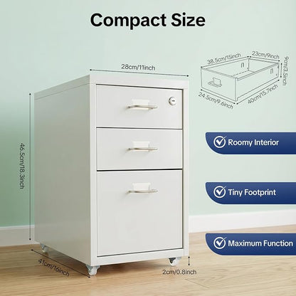 3-Drawer Vertical File Cabinet, 11*16*18.3in Rolling File Cabinet, Mobile Organizer Storage Cabinet with Lock, Office Filing Storage Cabinet Under Desk fits A4 Size, for Home Office (White)