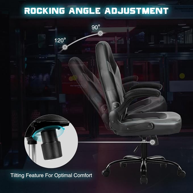 DUMOS Computer Game Desk Chair - Ergonomic PU Leather Lumbar Support, Height Adjustable High Back Video Game with Flip-up Armrest, Rolling Swivel for Adults, Deep Grey