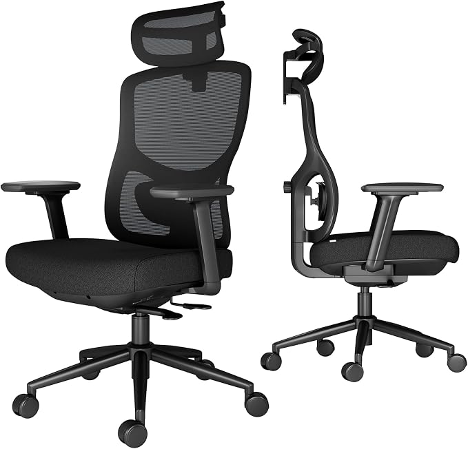 Ergonomic Office Chair with Breathable Mesh Back & Thick Cushion Seat, 4D Armrests, 3D Headrest, Adjustable Lumbar Support & Seat Depth, High Back Desk Chair with Tilt Lock (Black)