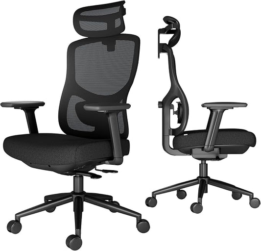 Ergonomic Office Chair with Breathable Mesh Back & Thick Cushion Seat, 4D Armrests, 3D Headrest, Adjustable Lumbar Support & Seat Depth, High Back Desk Chair with Tilt Lock (Black)