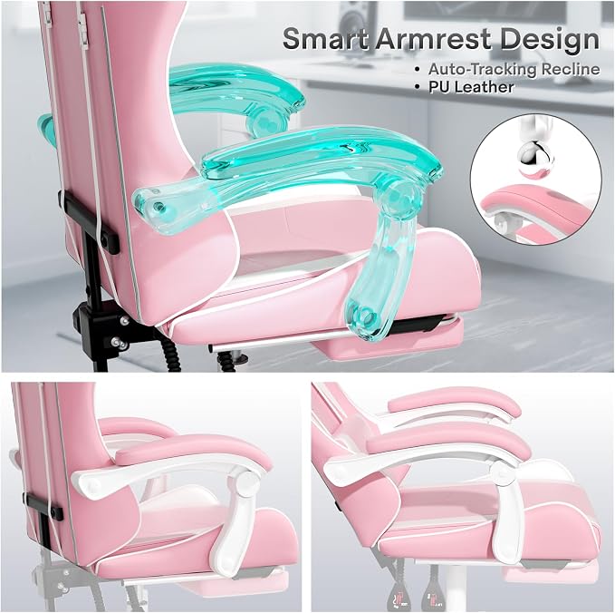 Athena Collection Gaming Chair, Ergonomic Gaming Chair with Footrest & Headrest Lumbar Support, Height Adjustable Swivel Computer Chair Office Chair for Adults (Pink)