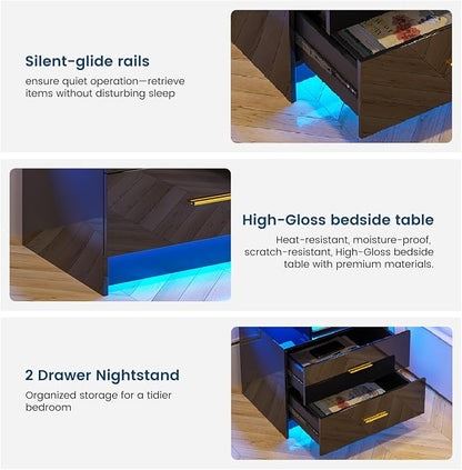 HNEBC Auto LED Nightstands Set of 2,Modern Bedside Table with USB Ports & Wireless Charging Station,High Gloss Bedside Tables with 2 Drawers,Nightstands for Bedrooms/Living Room/Office (Black)