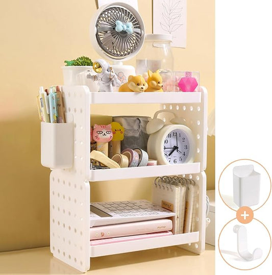 Lae Nuvole Desktop Organizer Shelf Stationery Organizer with Pen Holder Office Desk Pegboard Shelf Plastic Combinable Organization and Storage for Desk, Office, Countertop, Dorm (White, 3 Tier)