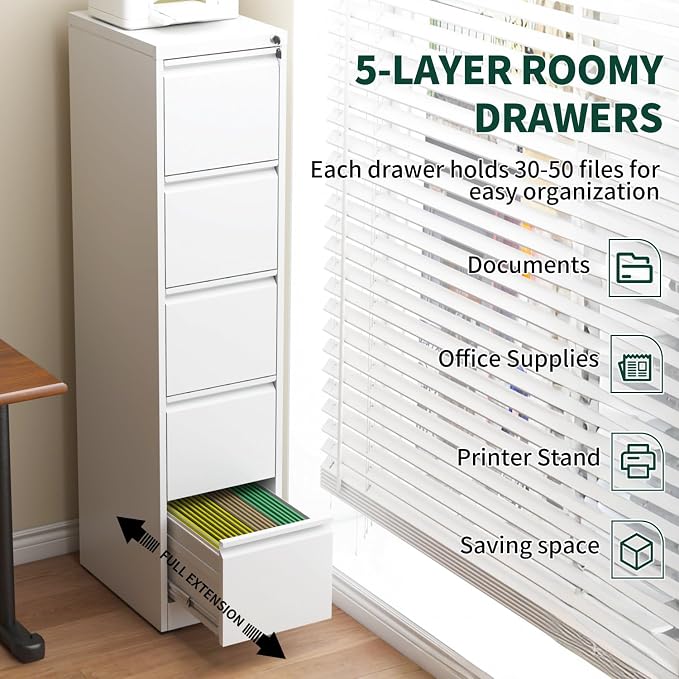 5 Drawer File Cabinet with Lock, Vertical File Cabinet with Lock, Locking File Cabinet Hanging Files for A4/ Legal/Letter, Require Assembly, White