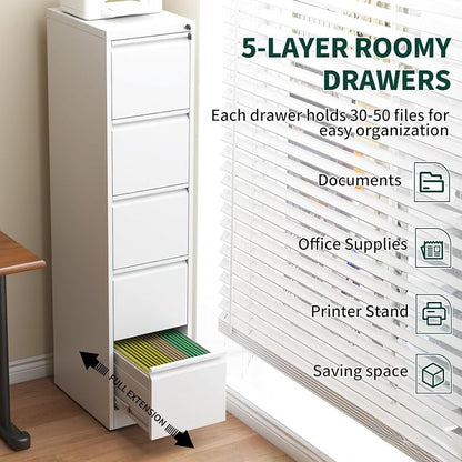 5 Drawer File Cabinet with Lock, Vertical Filing Cabinets for Home Office, Locking File Cabinet Hanging Files for A4/ Legal/Letter, Require Assembly, White