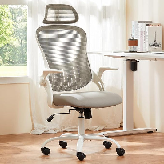 Ergonomic Office Chair, Comfy Desk Chair with Wheels, Adjustable Headrests, Flip-Up Armrests, Breathable Mesh High-Back, Comfortable Swivel Seating for Home Computer, Grey