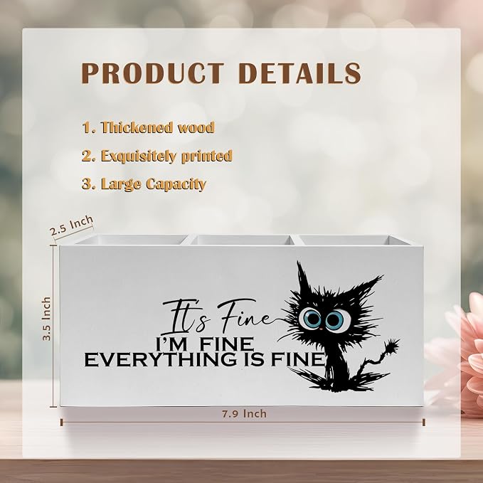 Funny Black Cat Pencil Pen Holder for Desk, I'm Fine Everything Is Fine Wooden Pencil Holder Organizer for Home Office Desk Accessories, Funny Office Gifts for Coworkers
