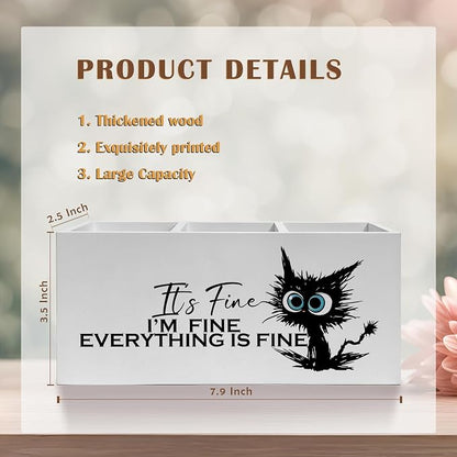Funny Black Cat Pencil Pen Holder for Desk, I'm Fine Everything Is Fine Wooden Pencil Holder Organizer for Home Office Desk Accessories, Funny Office Gifts for Coworkers