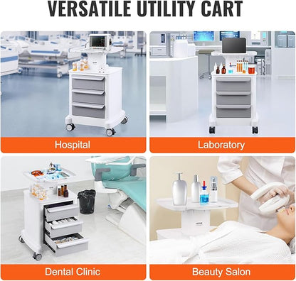 VEVOR 4 Tiers Lab Carts, Lab Utility Cart with 3 Drawers & 1 Top Tray, Mobile Medical Cart with ABS Material, Lab Rolling Cart with 4 Silent Wheels for Lab, Clinic, Hospital, Salon, White