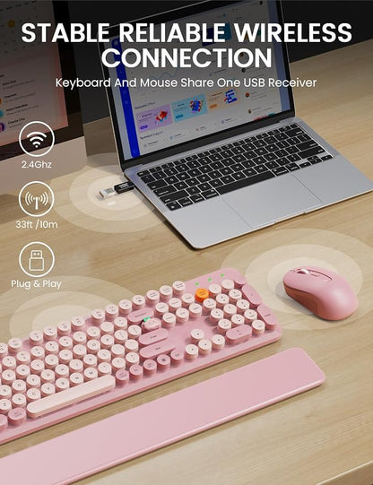 Wireless Keyboard and Mouse Combo, Typewriter Keyboard with Detachable Wrist Rest, Full-Size Retro Round Keycaps, Smart-Sleep, 2.4GHz Stable Connection for Mac/Windows/PC, Trueque(Dusty Rose)