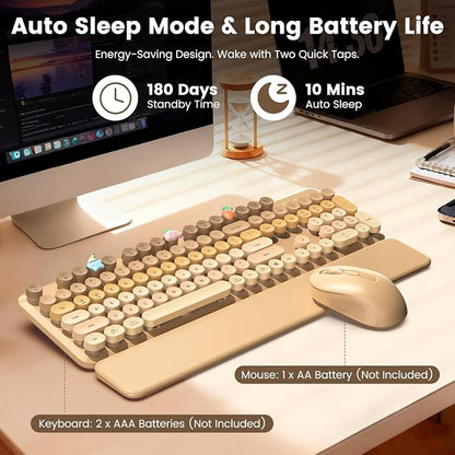 Wireless Keyboard and Mouse Combo, Full-Size Retro Typewriter Keyboard with Round Keycaps, Magnetic Wrist Rest & Tilt Legs, 2.4GHz Cordless for Mac/Windows PC/Laptop, SABLUTE CK23, Latte Gradient