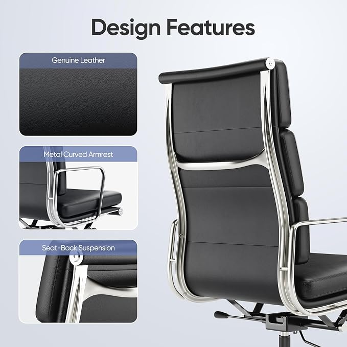 High-Back Executive Genuine Leather Office Chair, with Aluminum Arms and 5-Star Base, Modern Rolling Desk Chair with Silent Wheels, Lumbar Support, High-Adjustable, Tilting for Home & Office