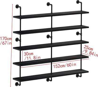 HDDFER Floating Shelves for Wall Bookshelf Industrial Pipe Shelving Shelves 60 Inch 5 Tier Natural Wood Planks Rustic Wall Shelves Hanging Bookshelves Farmhouse Kitchen Shelving