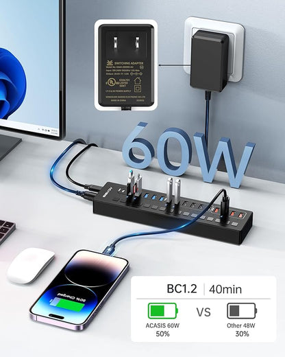 Powered USB 3.0 Hub, ACASIS 16 Port USB Hub Powered(Include 2*USB C 3.0+4 Smart Charging Port) with 60W Power Adapter, Support Wall Mount, USB Hub for PC Laptop, Mac, Printer, Camera