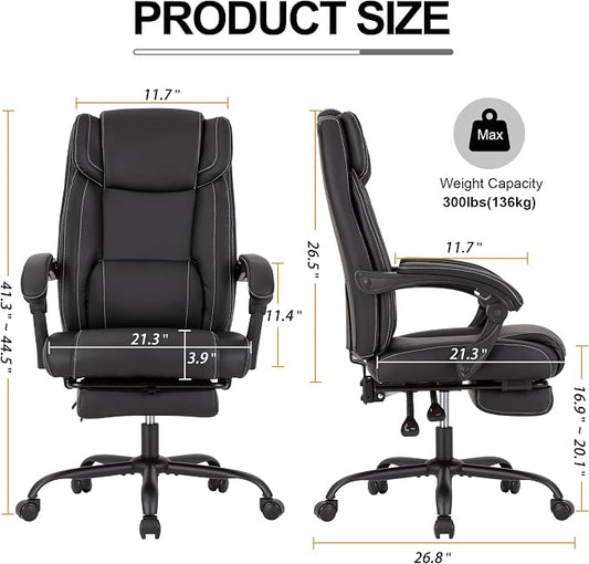 Reclining Office Chair with Footrest,Ergonomic Home Office Desk Computer Chair with Lumbar Support,Thick Executive Leather Chair,90-155° Adjustable (Black)