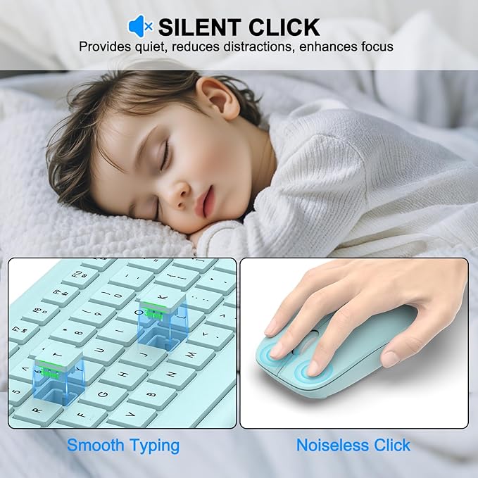 Wireless Keyboard and Mouse Combo, Full-Size Silent Ergonomic Keyboard and Optical Mouse, Long Battery Life, 2.4G Lag-Free Mice Keyboard for Computer, Mac, Laptop, PC, Windows(Green)