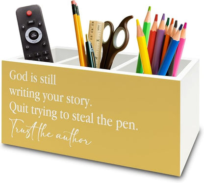 Yellow Christian Inspirational Pen Pencil Holder Organizer for Desk, Christian Office Decor, God Is Still Writing Your Story Bible Verse Wooden Box Sign for Office Home Desk Tabletop Decorations