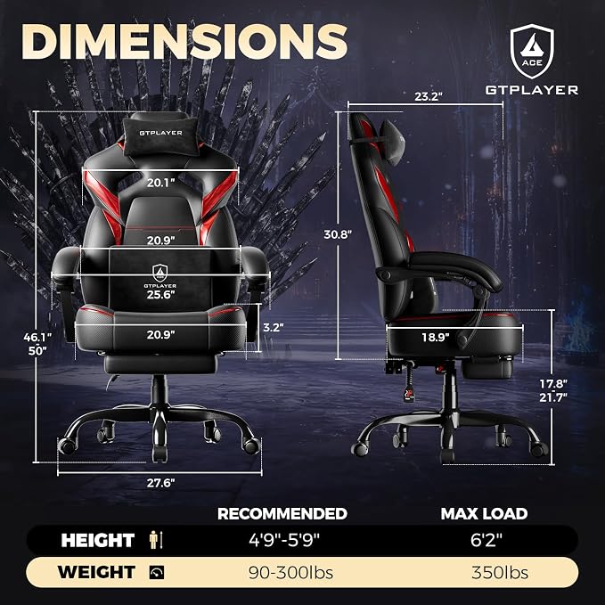 GTPLAYER Big and Tall Gaming Chair for Adults, Ergonomic Office Chair with Footrest, Heavy Duty 350 lbs Capacity, High Back, Premium Leather & Iridescent Trim, ACE-Armor, Black & Red
