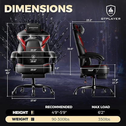 GTPLAYER Big and Tall Gaming Chair for Adults, Ergonomic Office Chair with Footrest, Heavy Duty 350 lbs Capacity, High Back, Premium Leather & Iridescent Trim, ACE-Armor, Black & Red