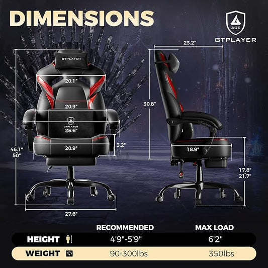 GTPLAYER Big and Tall Gaming Chair for Adults, Ergonomic Office Chair with Footrest, Heavy Duty 350 lbs Capacity, High Back, Premium Leather & Iridescent Trim, ACE-Armor, Black & Red