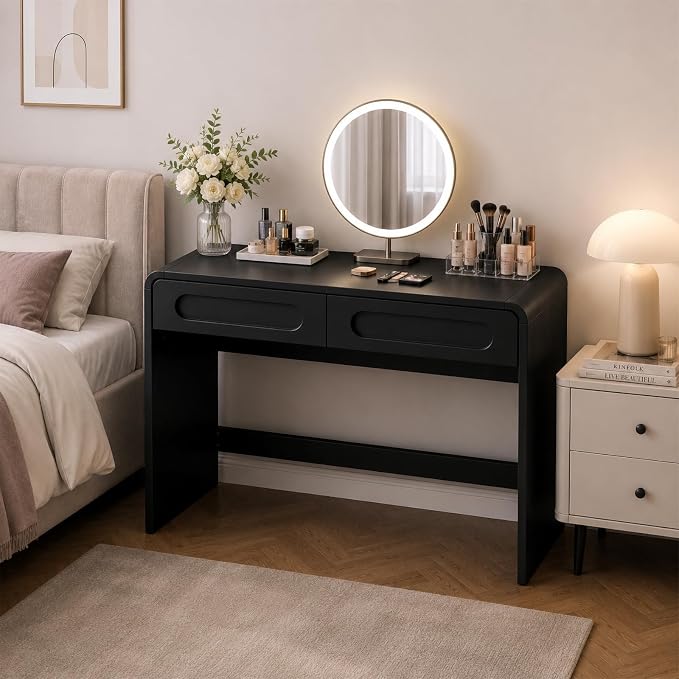Writing Desk with 2 Drawers, Home Office Computer Desk for Small Spaces | Black Study Desk for Bedroom, Compact Workstation Table, Vanity Desk for Apartment and Dorm Room