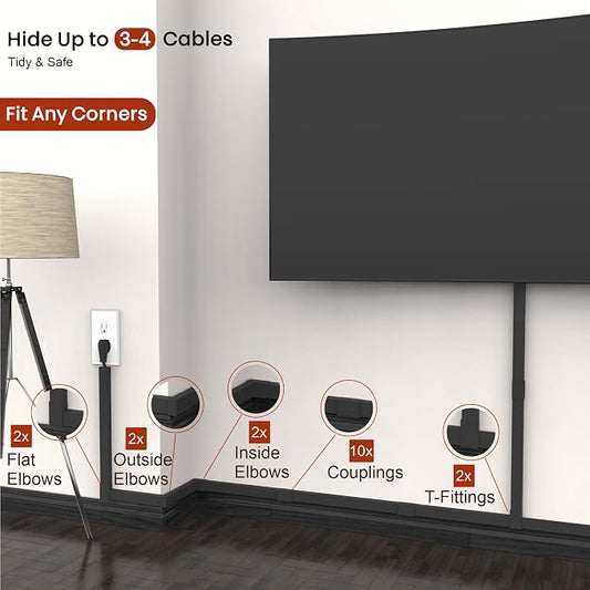 Black Cord Cover Wire Hider - 157in Large Cable Concealer, Cord Hider for Wall Mount TV, Cable Raceway Kit, Extension Cord Cover Indoor, Electrical Wire Cover, Cable Management Wall, Wire Molding