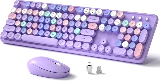 Links9+ Wireless Keyboard and Mouse, Full-Size Retro Typewriter Keyboard with Round Keycaps, 2.4GHz for Windows, Mac, Laptop, PC, Desktop (Purple Colorful)