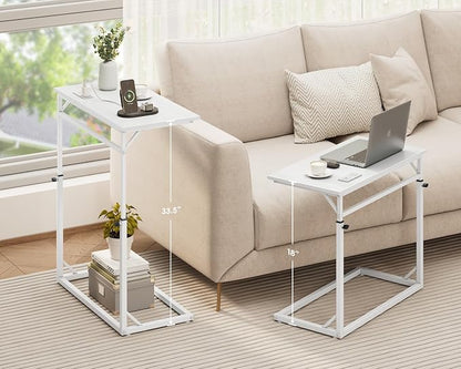 Vagusicc C Shaped End Table with Charging Station, C-Table End Table Adjustable Height Side Table for Couch, Large Couch Table, Slide Under Sofa Table TV Tray Arm Table for Living Room, Bedroom, White