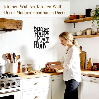 Black Metal Wall Art Funny Bathroom Office Kitchen Bar Garden Living Room Wall Decor for Bedroom Farmhouse Home Decor,Welcome To My Happy Place Don't Ruin It Sign,House Warming Gifts for Women Men