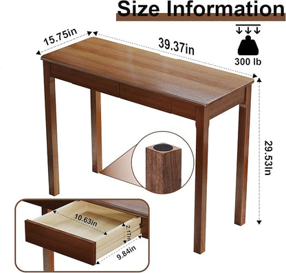 Wood Desk with Drawers - Solid Wood Mid Century Modern Desks for Bedroom, Small Computer Desk for PC, Laptop, Study, Makeup, 39.4 W x 29.5 H x 15.75 D in, Walnut Color