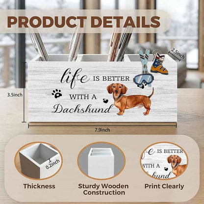 Dachshund Dog Pencil Pen Holder for Desk Organizer, Dachshund Gifts for Women Men, Weiner Dog Gifts Wooden Box Decorations for Home Bedroom Office Desk Tabletop Decor