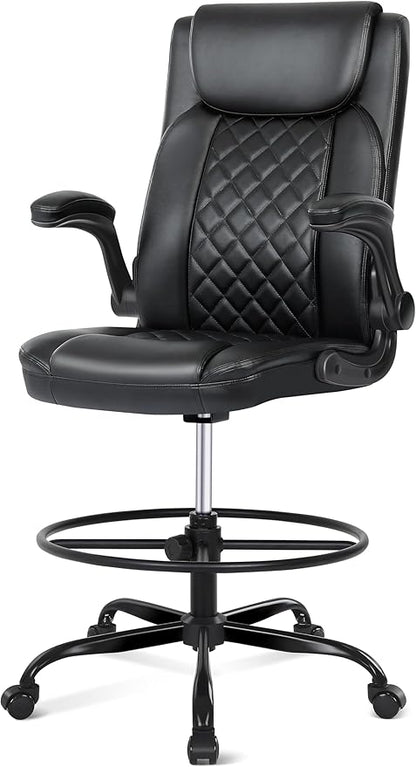 Misolant Drafting Chair with Footrest Ring, Tall Office Chair for Standing Desk, PU Faux Leather Bar Counter Height Chairs with Adjustable Height, 360° Swivel Wheels for Garage Office, Black
