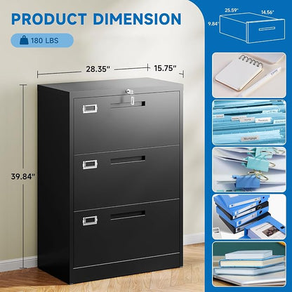 BYNSOE Lateral File Cabinet with Lock,Metal Filing Cabinet with 3 Drawer,Steel Lateral File Cabinet for Legal/Letter A4 Size,Wide File Cabinet for Office Home,Assembly Required