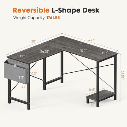 Sweetcrispy L Shaped Gaming Desk, Computer Desk Corner Desks PC Gaming Desk Table with CPU Stand Side Bag for Home Office Dorm Sturdy Writing Workstation, Grey, 50 Inch