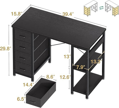ODK 40 Inch Small Computer Desk with 4 Fabric Drawers, Modern Writing PC Desk for Small Spaces, Study & Home Office Desk with Storage Shelves, Black
