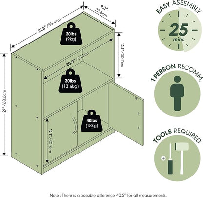Furinno Gruen Book Shelf, 2-Tier Small Bookshelf, Bookcase with Open Shelf and Doors Storage Cabinet, 9.3 x 21.8 x 27, for Organization and Storage, for Living Room, Bedroom, Home Office, White