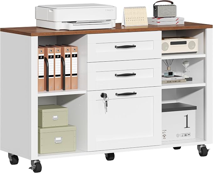 kepptory 3 Drawer Wood Mobile Large lateral File Cabinet with Lock, Lockable Rolling Filing Cabinet with Open Storage Shelves, Printer Stand Office Storage for Home Office Fits Files Legal/A4, White
