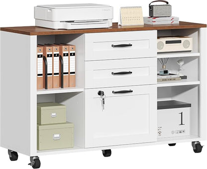 kepptory 3 Drawer Wood Mobile Large lateral File Cabinet with Lock, Lockable Rolling Filing Cabinet with Open Storage Shelves, Printer Stand Office Storage for Home Office Fits Files Legal/A4, White
