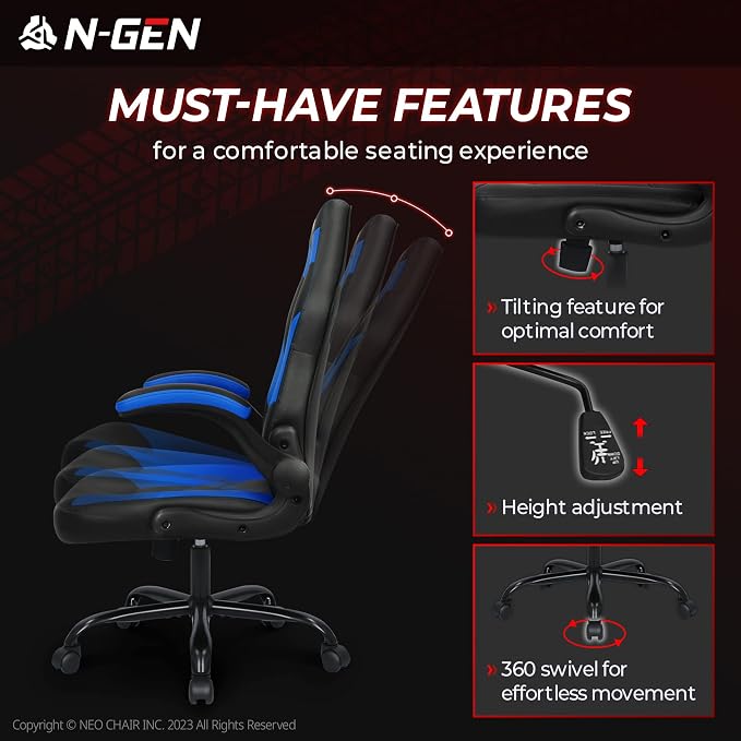 N-GEN Video Gaming Chair Ergonomic Computer Desk Office Chair with Lumbar Support Adjustable Height Swivel Wheels Flip-Up Arms PU Leather Home and Office (Classic Blue)