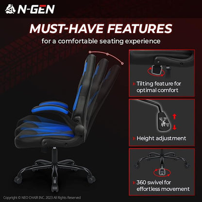 N-GEN Video Gaming Chair Ergonomic Computer Desk Office Chair with Lumbar Support Adjustable Height Swivel Wheels Flip-Up Arms PU Leather Home and Office (Classic Blue)