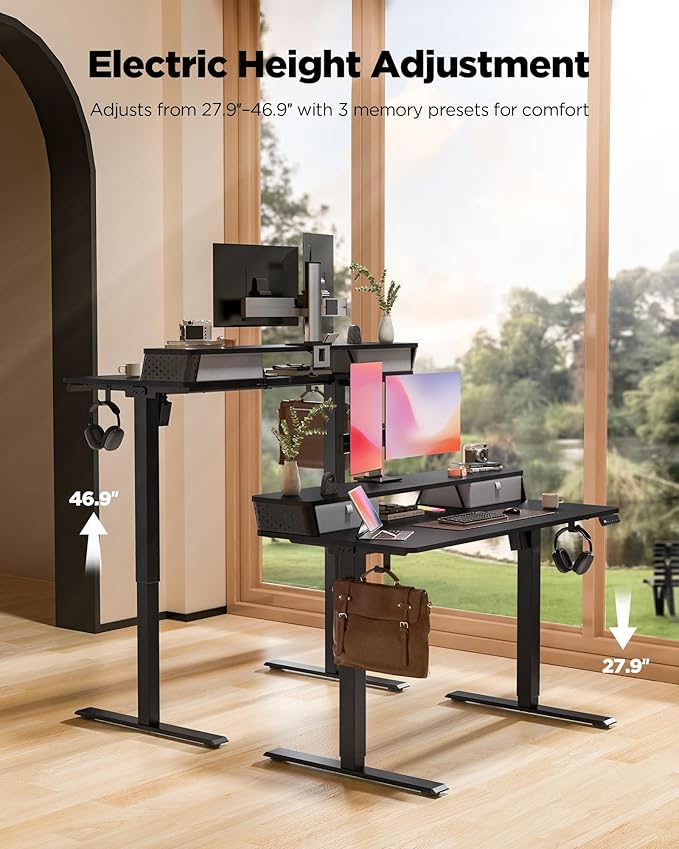 FiCiHi 40x24 Inch Standing Desk with Drawers, C-Clamp Mount Compatible, Electric Adjustable Height Computer Small Stand Up Desks, Home Office Sit Stand Table with 3 Preset Heights, Black