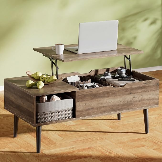 OLIXIS Wooden Coffee Table, Lift Top Coffee Stand with Large Hidden Compartment and Ample Storage Shelf, Lift Tabletop Dining Table for Living Room, Home Small Space, Grey