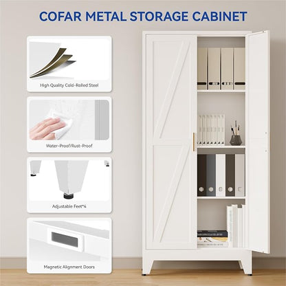 COFaR 61'' Tall Metal Storage Cabinet, Farmhouse Kitchen Pantry Cabinet with Doors and 3 Adjustable Shelves, White Metal Cabinets for Kitchen, Bathroom, Laundry, Garage, 4-Tier