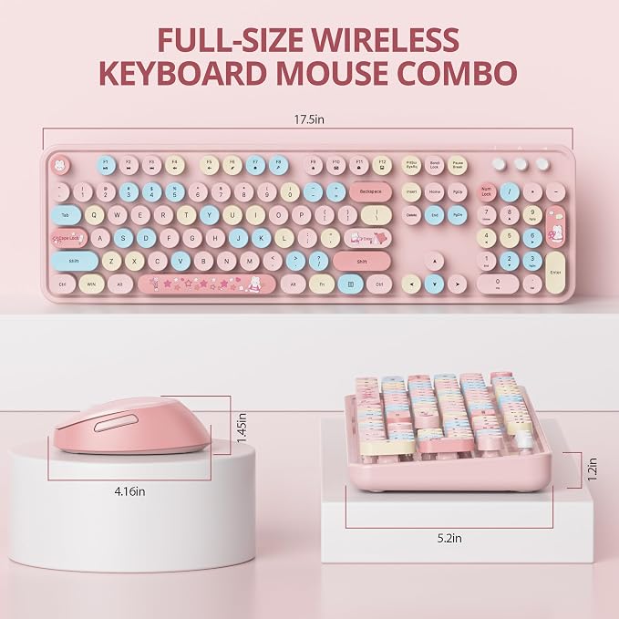 Wireless Keyboard and Mouse Set, Retro Typewriter, 2.4GHz Full Size 104-Key Cute Keyboard with Number Pad, Colorful Keyboard with Round Keycaps for Windows PC Laptop(Strawberry)