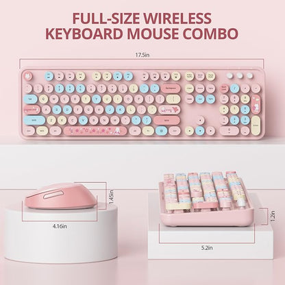 Wireless Keyboard and Mouse Set, Retro Typewriter, 2.4GHz Full Size 104-Key Cute Keyboard with Number Pad, Colorful Keyboard with Round Keycaps for Windows PC Laptop(Strawberry)